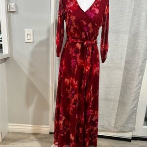 Red Floral Wrap Maxi Dress with Tie Waist and V-Neck